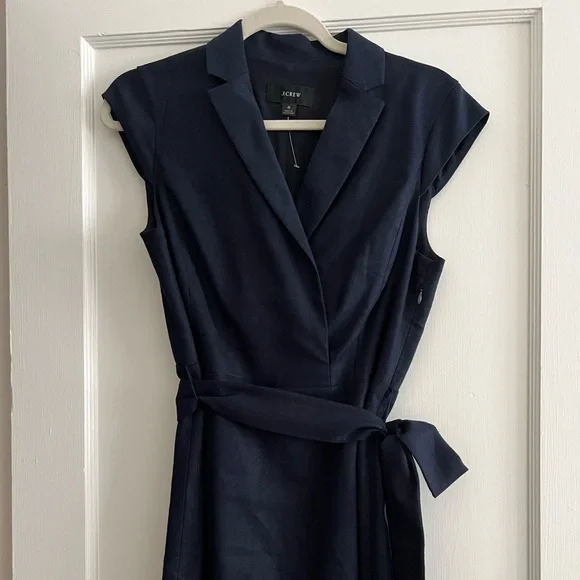 J. Crew | Dresses | J Crew Belted Faux Wrap Dress Stretch Linen Navy |  Poshmark